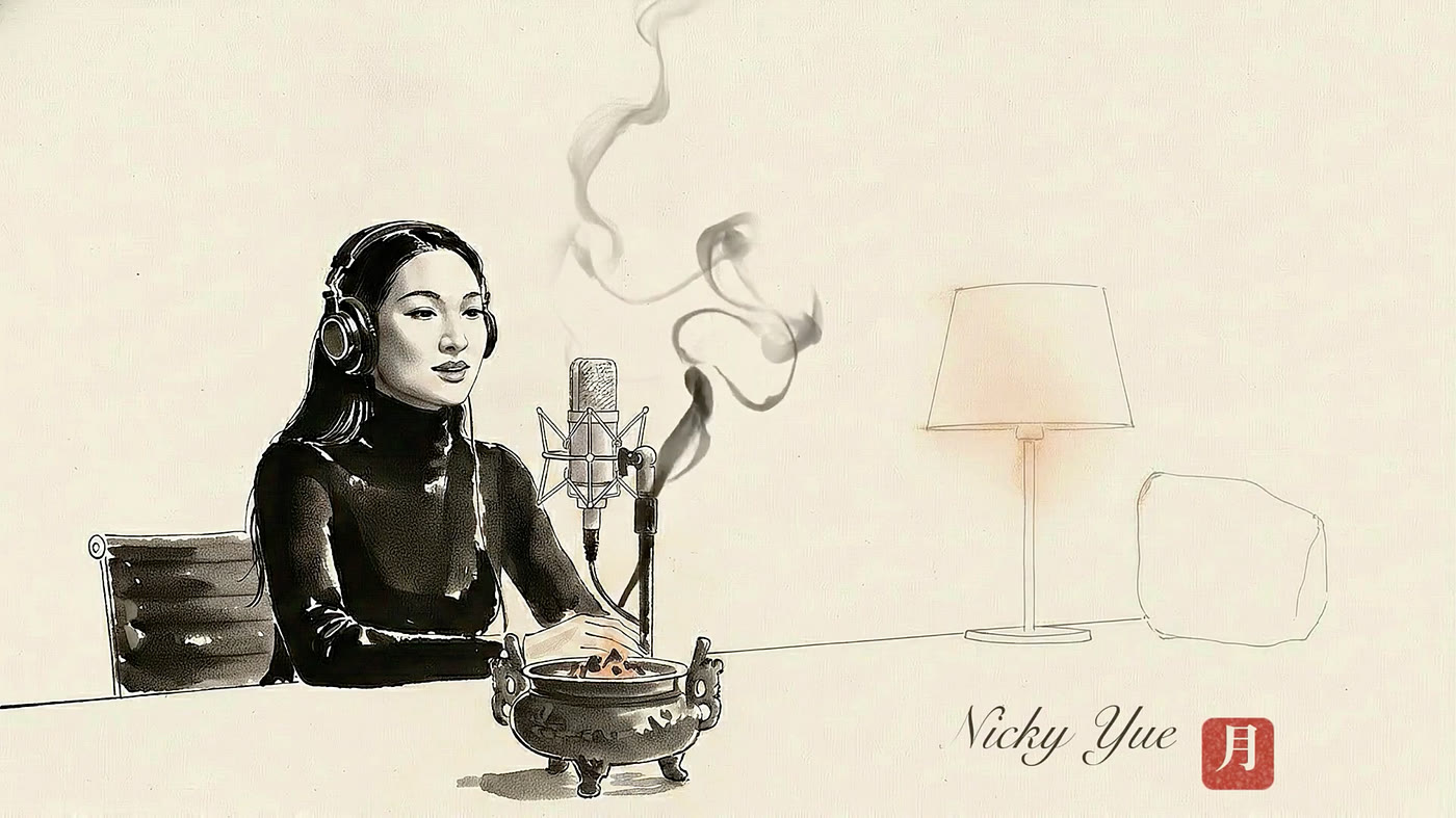 An ink drawing of Nicky Yue at a microphone wearing headphones, with an incense burner on the desk beside her.